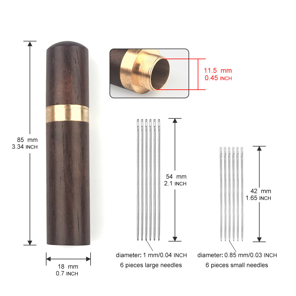 12 aiguilles à coudre à la main en cuir avec récipient en bois (taille : 0,85 mm, 1 mm)